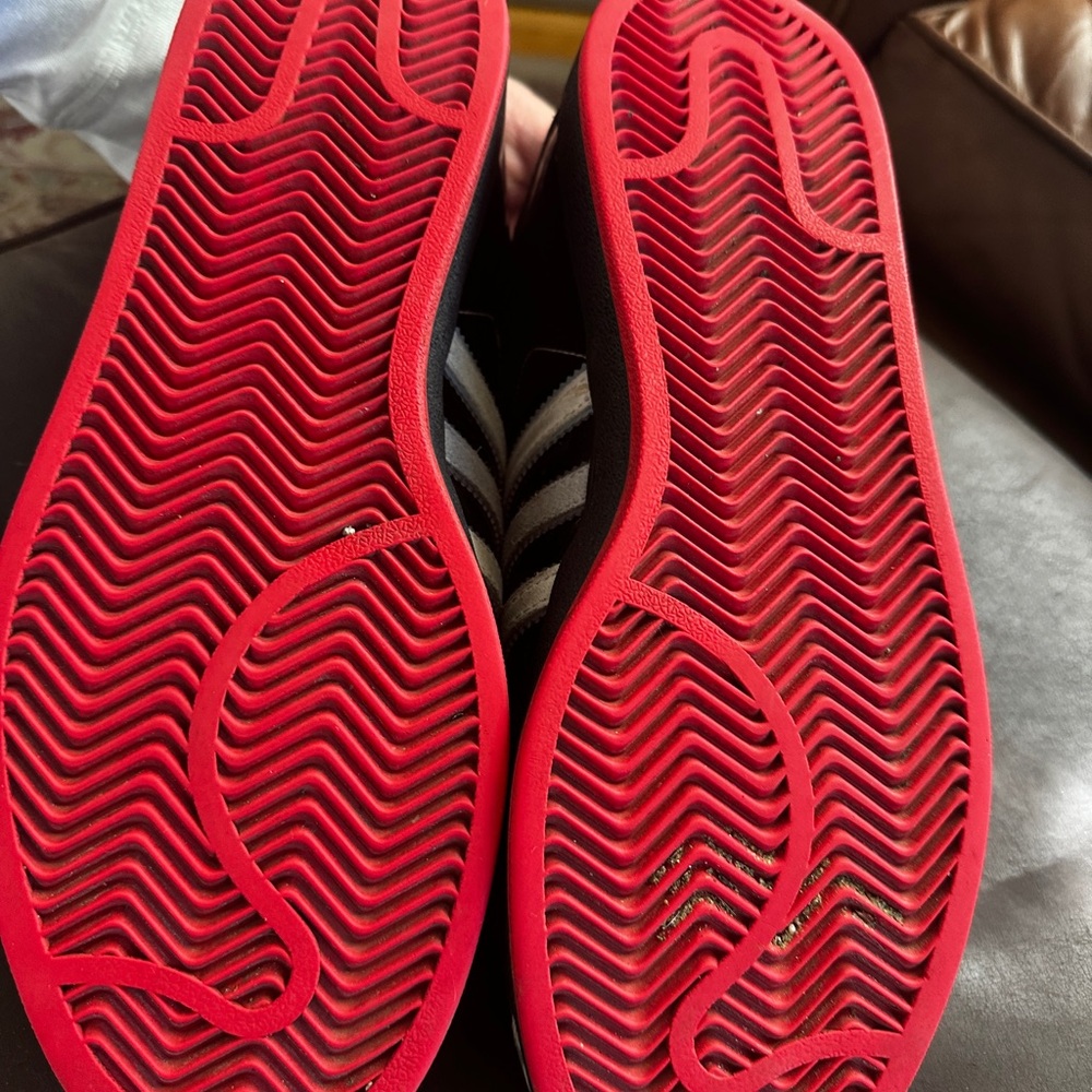 Adidas Black Superstar Sneakers with White Stripes and Red Sole Size 10.5 - Picture 5 of 9
